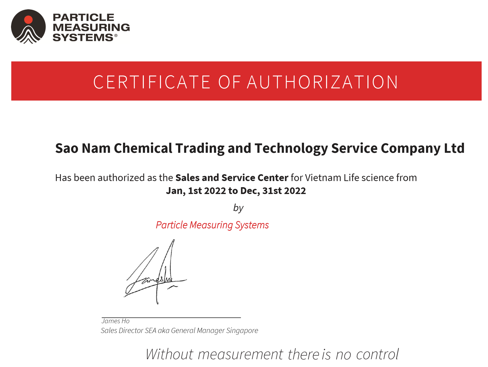 Chứng Nhận đại lý kinh doanh và trung tâm dịch vụ ủy quyền - Particle Measuring Systems -Life Science